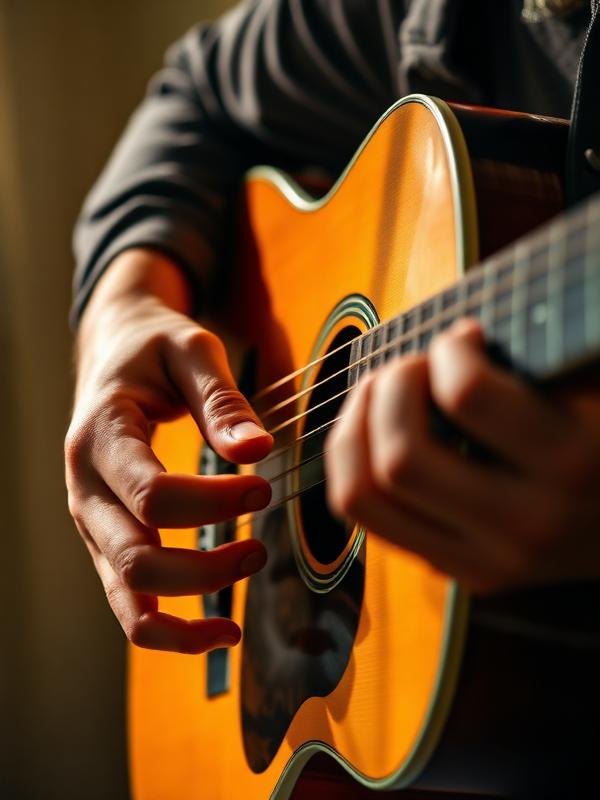 Close-up of hands playing an acoustic guitar