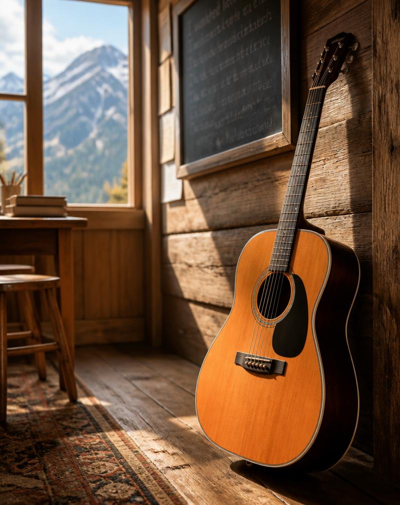 An acoustic guitar in the Dirang Strings studio with the Himalayas through the window
