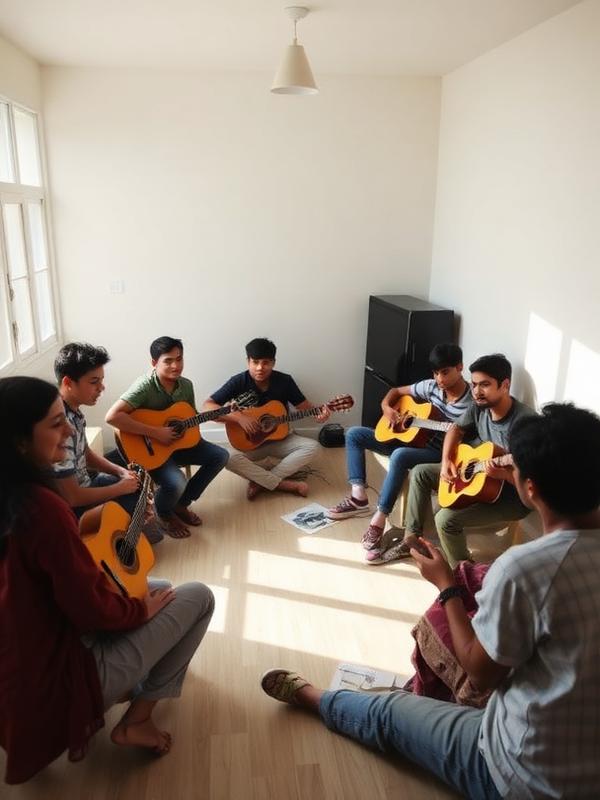 Students in a group guitar class in Dirang